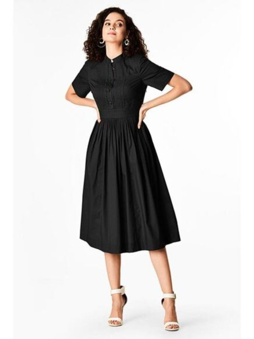 eshakti Black Pintuck Pleat Bib-Front Poplin Dress